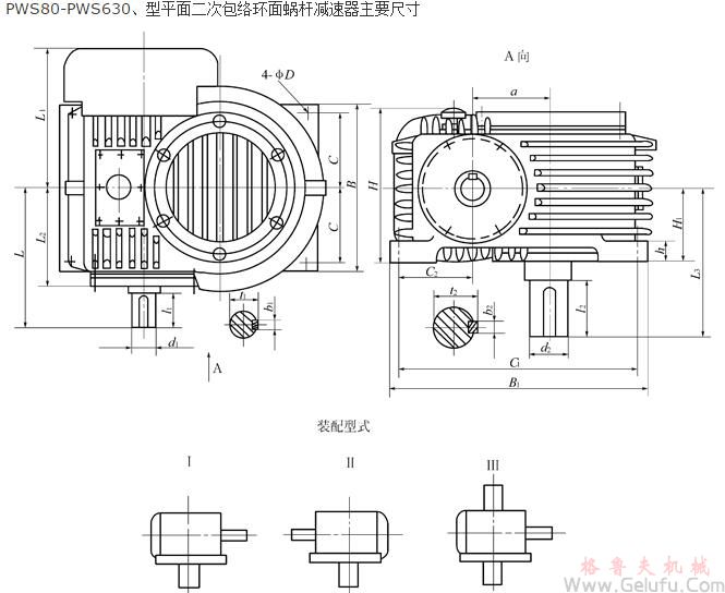 PWS80、PWS100、PWS125、PWS140、PWS160、PWS180、PWS200、PWS225、PWS250、PWS280、PWS315、PWS355、PWS400、PWS450、PWS500、PWS560、PWS630、型平面二次包络环面蜗杆减速机主要尺寸（GB/T16449-1996）