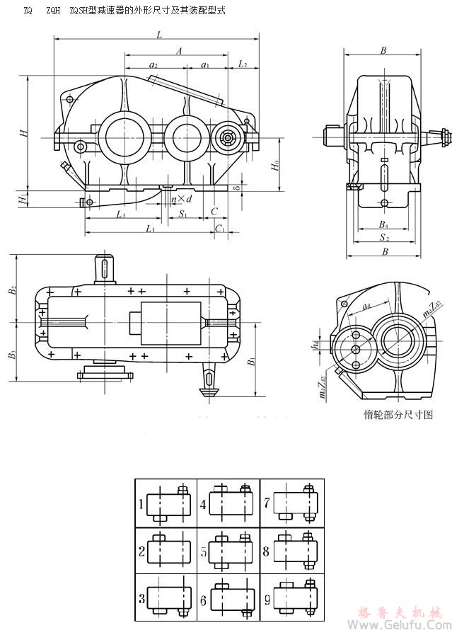 ZQ250、ZQH250、ZQSH250、ZQ350、ZQH350、ZQSH350、ZQ400、ZQH400、ZQSH400、ZQ500、ZQH500、ZQSH500、ZQ650、ZQH650、ZQSH650、ZQ850、ZQH850、ZQSH850、ZQ1000、ZQH1000、ZQSH1000型减速机的外形尺寸及其装配型式